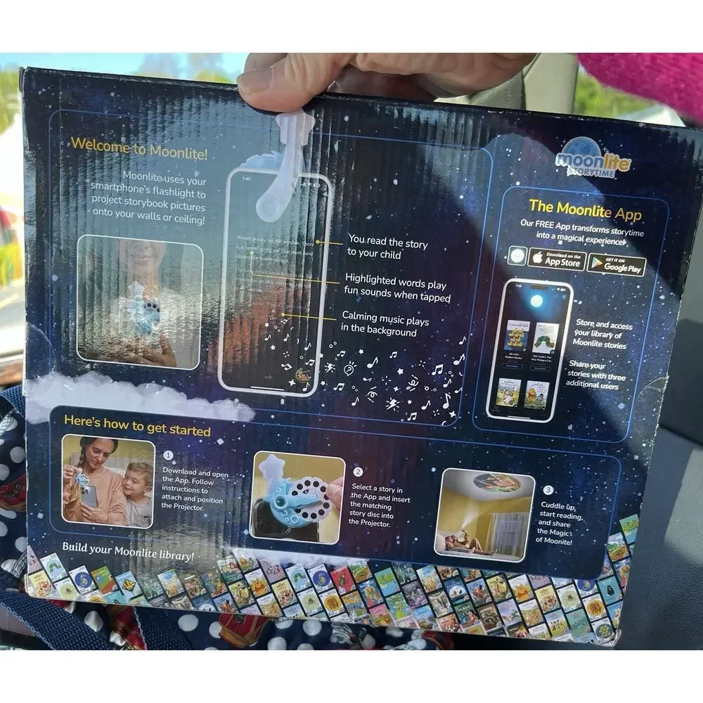 NEW Moonlite Storytime Projector W/Pixar Stories 3 Picture Discs/Stories On App.